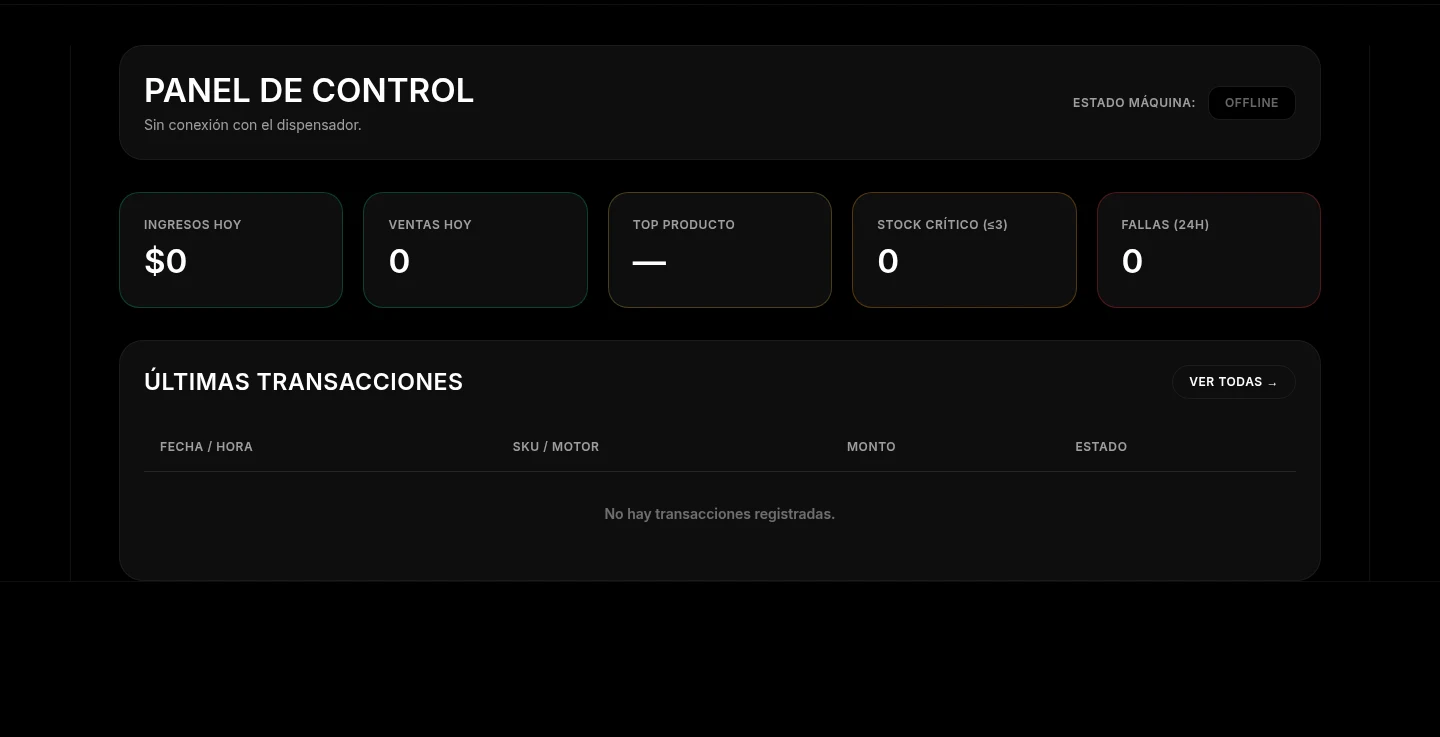 Dashboard del panel de Milodón VMC con estado de la máquina, ingresos del día y transacciones recientes